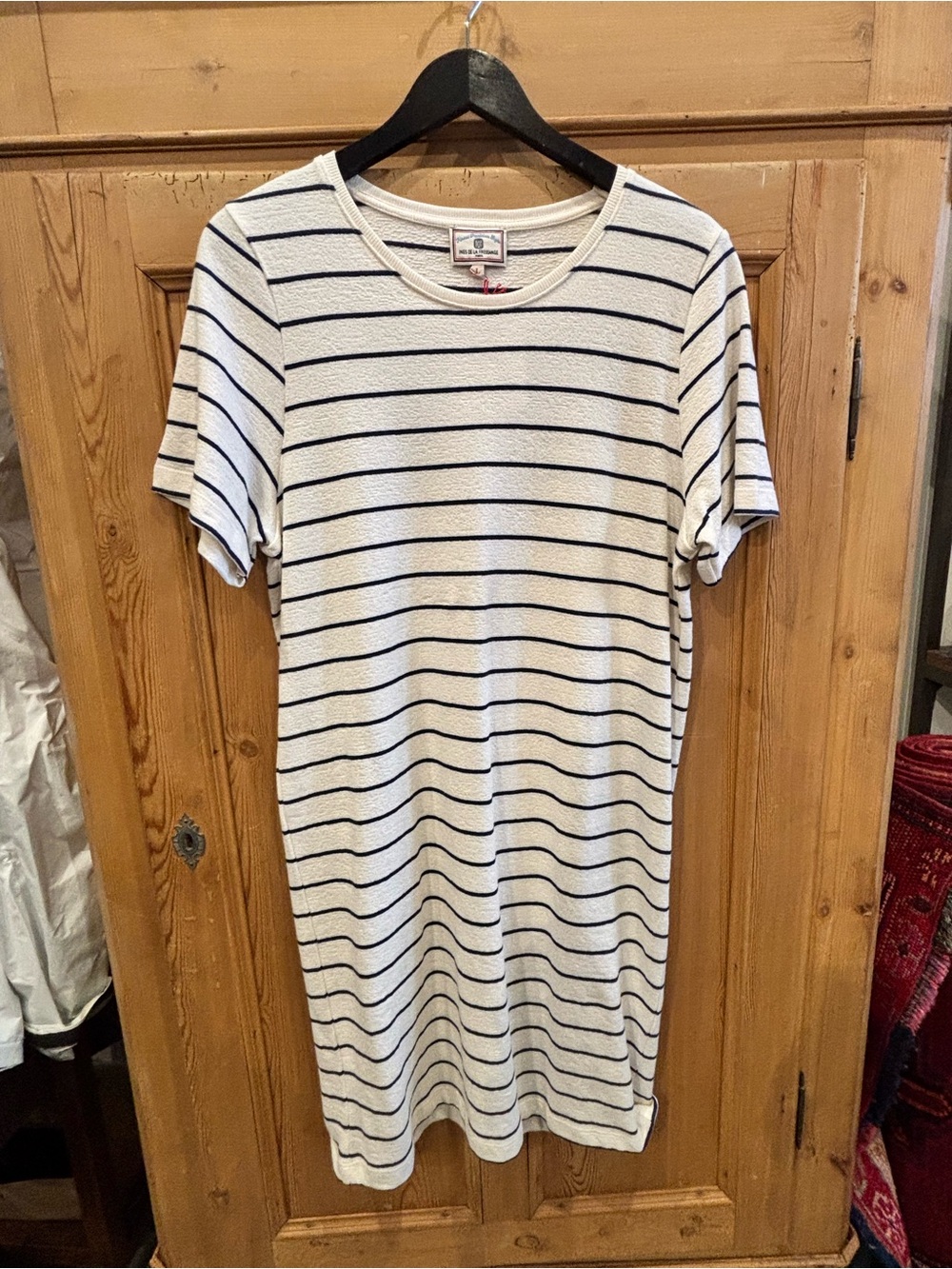 Striped White and Navy Midi Dress - Classic Short Sleeve
